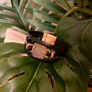 Boho stacked leather magnetic smoky druzy quartz mixed media bracelet nwt